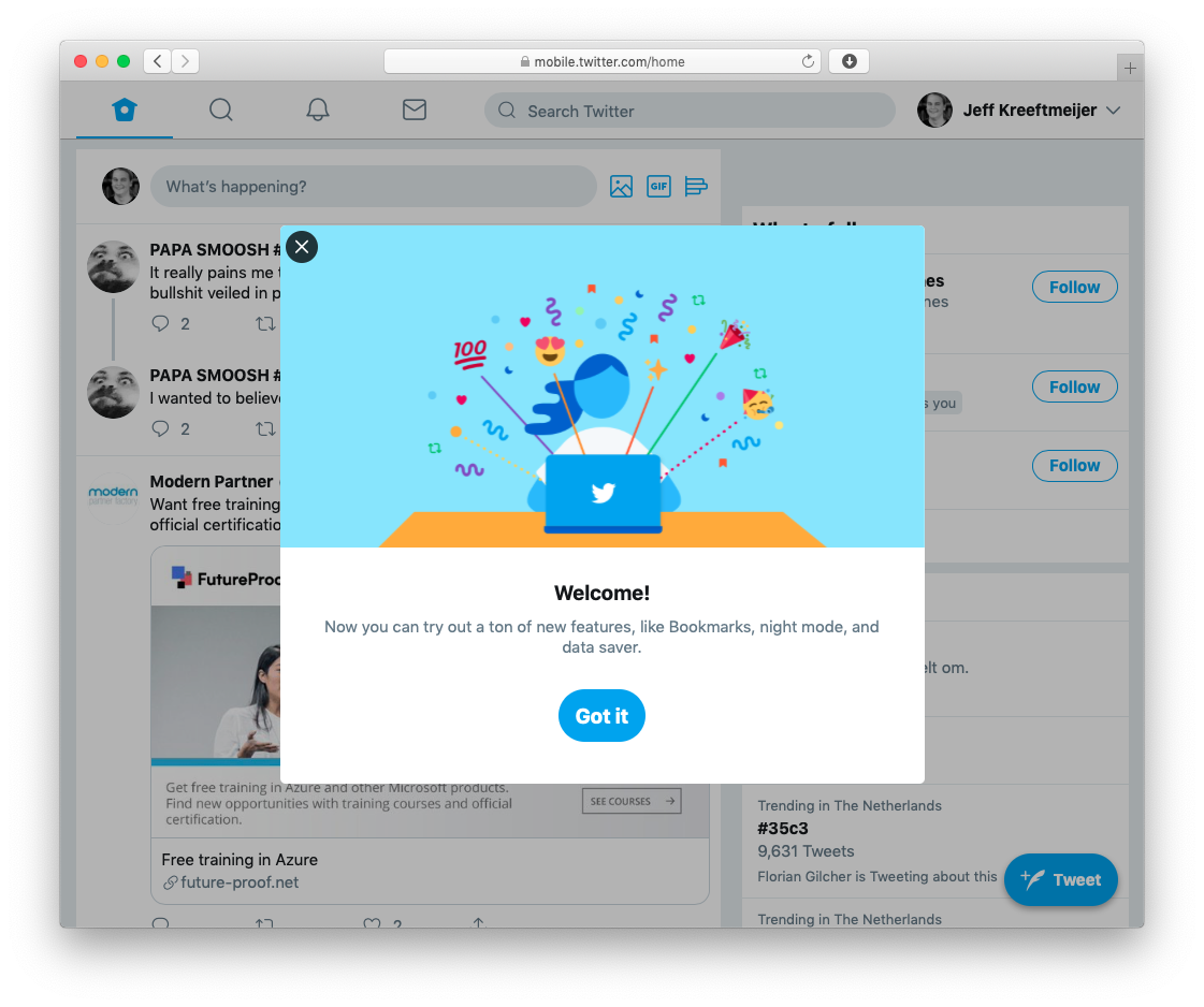 Twitter.com shows a banner exclaiming I'm switched to a redesign with new features.